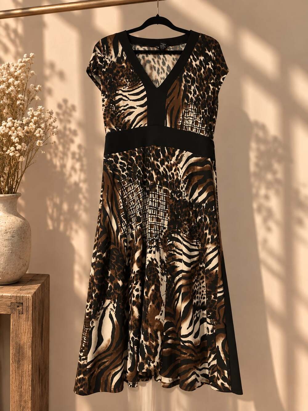 Glamour Animal Print Mixed Pattern V-Neck Midi Dress Size 16W